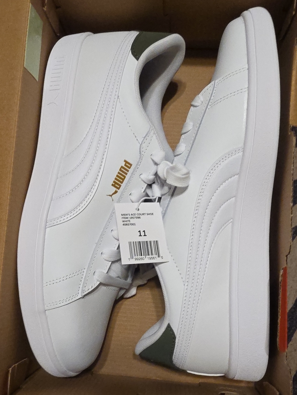 Puma Men’s White Sneakers with Gold Logo and Olive Accent